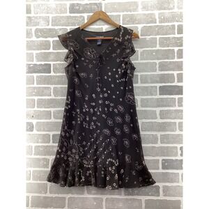 Eva Blue Petite Black Floral Beaded Ruffle Hem Shift Dress Size 10P V-Neck